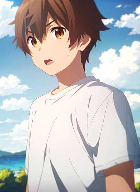 3978528761-2603979363-chuunibyou demo koi ga shitai , masterpiece, best quality, 1boy, male focus, solo, brown hair, open mouth, cloud, sky, looking a.png